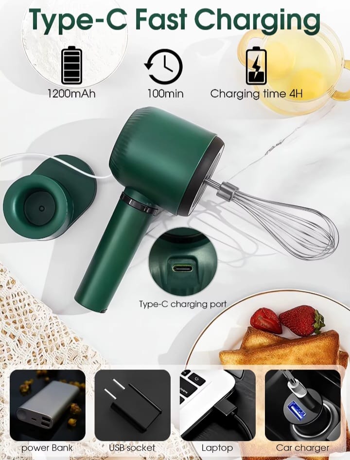 Wireless Twin-Head Electric Hand Mixer – 1200mAh USB-C Rechargeable Egg Beater